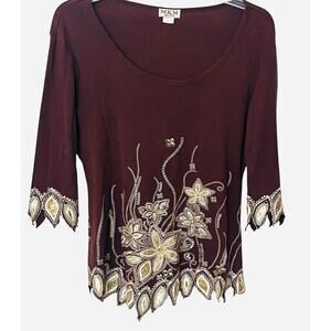 MKM DESIGNS LONG SLV SCOOP NECK PULL-OVER BLOUSE, WOMENS, 1X, BROWN W/GOLD DECOR
